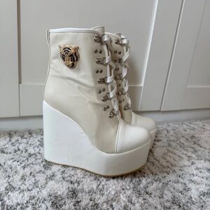 Boots Ivory Wedge Ankle Shoes with Metallic Detail